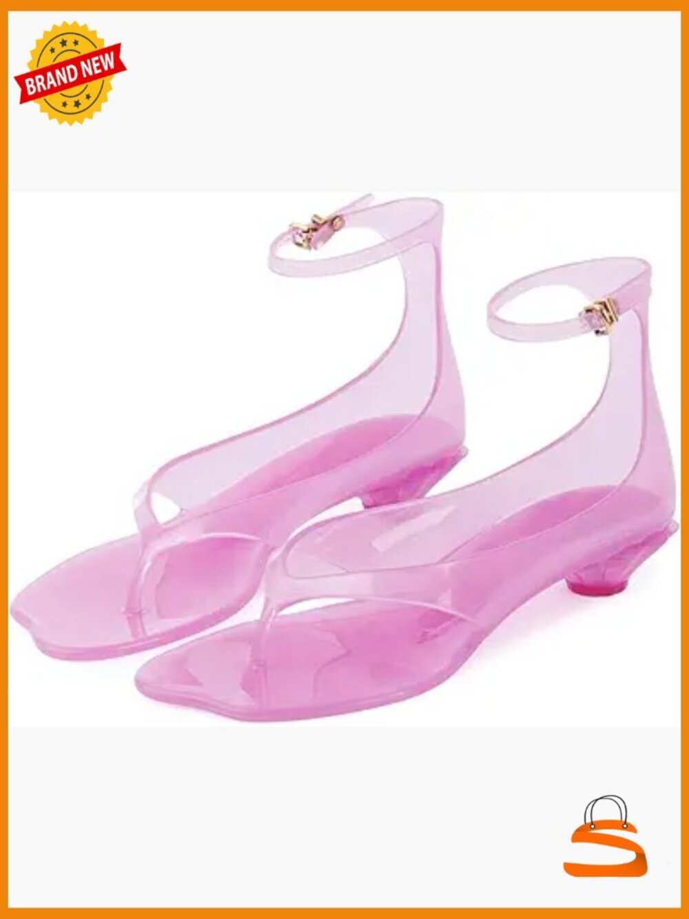 Jelly Thong Sandals - Kitten Heel Square Toe Clear Ankle Strap Dressy Flip Flop